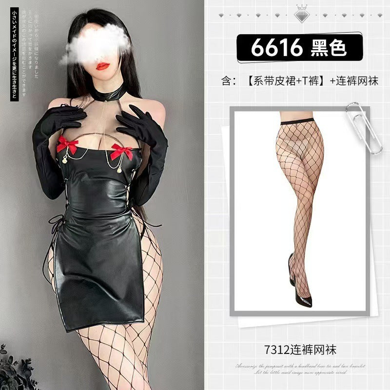 Image of Butterfly Rain, Halloween, Wild Devil, Patent Leather Strap Set, Temptation, Halterneck Nightclub, Cheongsam, Leaky Chest, Bow Cutout